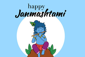Little Kanha playing bansuri (flute) on Krishna Janmashtami festival background of India in vector