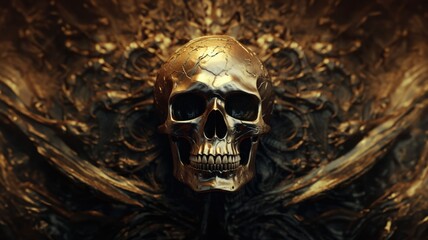 Metal bronze carving of a skeleton skull with a gold color shimmer, meticulously detailed rustic bone texture, ancient ruin wall background wallpaper or album cover art - generative AI