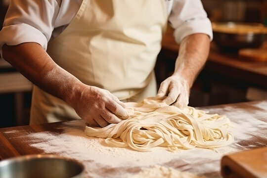 Unrecognizable cook making pasta, Horizontal indoors crop shot of cook working with knead and making noodles in cafe, Making pasta, Making pasta in restaurant,