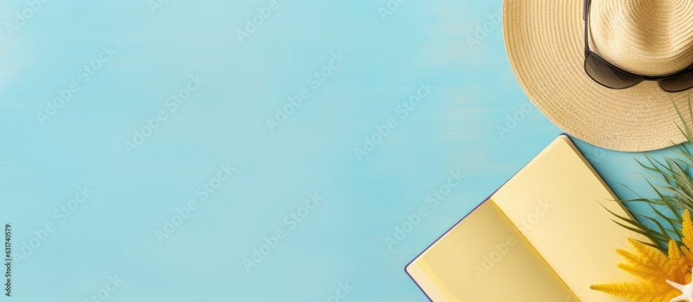 Aufkleber a writing book with summer beach accessories on the background, empty space to write. is flat lay wi
