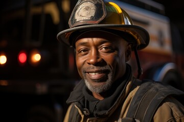 Portrait of african american brave fireman standing near fire truck