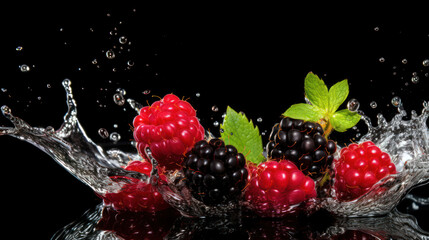 blackberry and red fresh water splashing on the isolated background