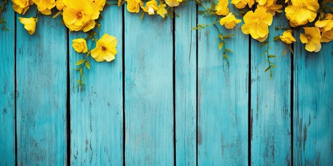 Romantic beautiful yellow flowers on old vintage blue wooden board background. Flower decorations. Vibrant blooms backdrop