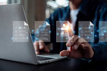 Businessman showing virtual graphic human icon HR human resources recruitment team Staff management business concept.