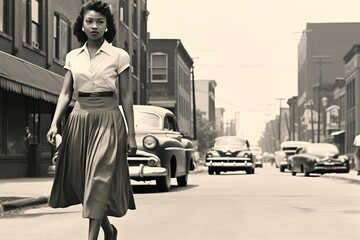 black woman walking for city Detroit in 1950 ,monochromatic