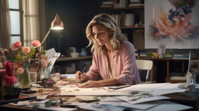 Mature woman designer working in the house studio with comfortable