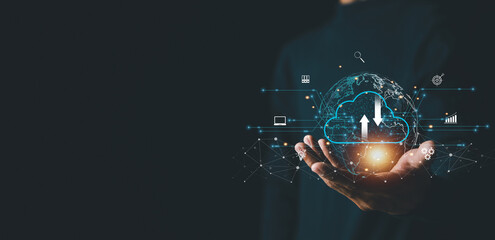 Business hand using smartphone with virtual popup icon of cloud computer Storage and data transfer Cloud network , Cloud technology. Networking and internet service concept.	
