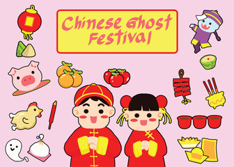 Chinese man and woman in the red dress,icon set for Chinese ghost festival.