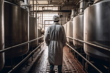Observe the industrious worker view from behind in a vast milk processing factory or deposit, where dairy products undergo transformation. Ai generated