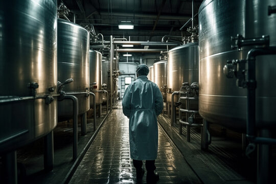 Observe the industrious worker view from behind in a vast milk processing factory or deposit, where dairy products undergo transformation. Ai generated