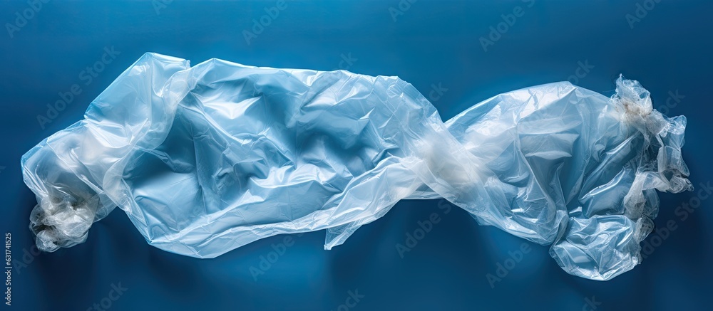 Poster An empty crumpled plastic bottle is seen on a blue background from a top view, with space for copying. This image represents pollution and the need for environmental protection