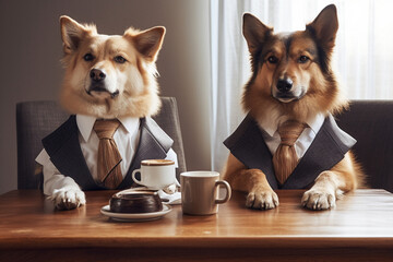 Adorable scene of cute funny dogs dressed in a business suit enjoying coffee and engaging in lighthearted business discussions. Ai generated