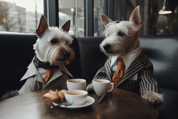 Adorable scene of cute funny dogs dressed in a business suit enjoying coffee and engaging in lighthearted business discussions. Ai generated - 631741551