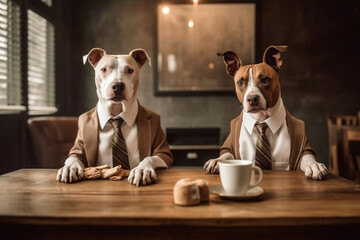 Adorable scene of cute funny dogs dressed in a business suit enjoying coffee and engaging in lighthearted business discussions. Ai generated - 631741580