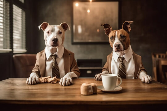 Adorable scene of cute funny dogs dressed in a business suit enjoying coffee and engaging in lighthearted business discussions. Ai generated