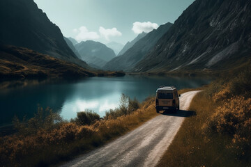 Explore the breathtaking journey of a campervan as it traverses through the majestic mountains, captured from stunning aerial drone photography. Van life.  Ai generated