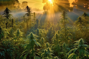 Experience the mesmerizing sight of a vast marijuana or weed plantation bathed in beautiful sunrays during the enchanting sunset. Ai generated - 631741948