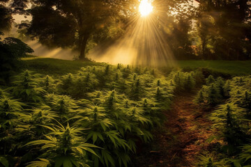 Experience the mesmerizing sight of a vast marijuana or weed plantation bathed in beautiful sunrays during the enchanting sunset. Ai generated
