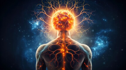 Illustration of thought energy . Head of person and neural network of brain with a problematic areas, Psychic waves concept, Generative AI illustration