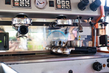 Coffee machine industrial tool preparing crafts coffee and pouring