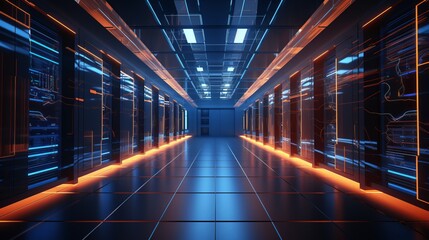 A dark server room with tall industrial looking storage with neon lights, a long endless hallway