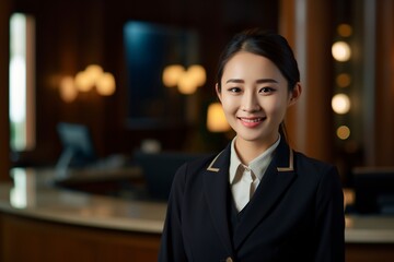 welcoming with the smile of young asian woman