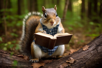 Discover the adorable sight of a cute, wise and smart squirrel engrossed in reading a book amidst the enchanting forest. Ai generated - obrazy, fototapety, plakaty