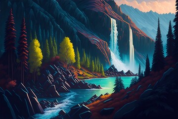 Fantasy landscape. River flow. AI generated illustration