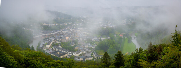 Fototapeta na wymiar High angle viewpoint on the city of Bouillon in the Ardennes, Wallonia, Belgium