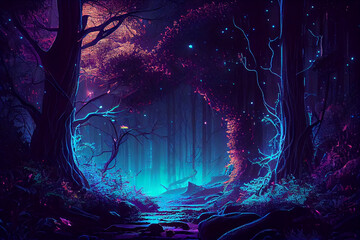 Magic forest with points of light - obrazy, fototapety, plakaty