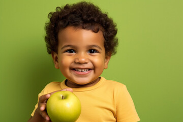 adorable Latin toddler smiles happily as he eats an apple, his eyes twinkling with delight, enjoys...