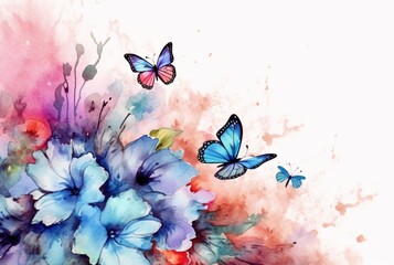 Beatiful Butterfly with flowers,watercolor drawing. generative ai