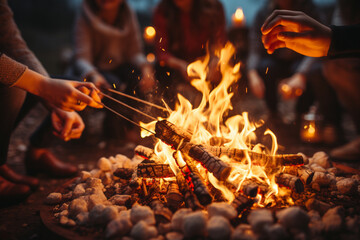 atmospheric shot of Friends Toasting Marshmallows at a Bonfire Generative AI