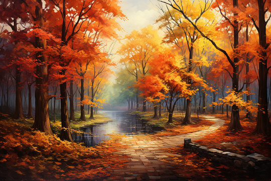 vibrant colors of autumn leaves on trees, creating a picturesque and serene scene Generative AI