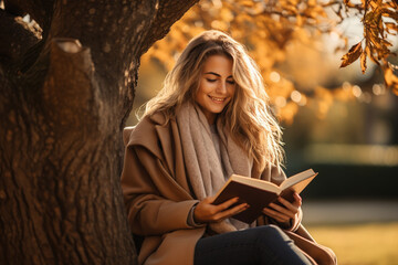 Obraz premium woman sitting outdoors under a tree with a book and a hot drink, savoring the peacefulness of autumn Generative AI