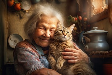 loving old woman hugging her cat
