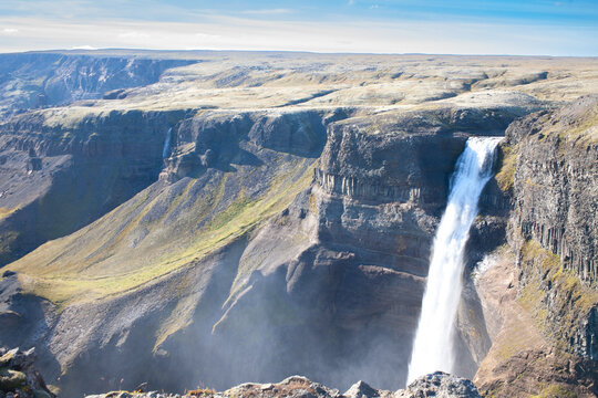 Haifoss, dramatic Icelandic waterfall in a remote location near a volcano with many photo opportunities.