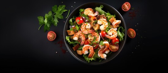 Shrimp Salad with Prawns on White Background. Healthy Seafood Caesar Salad. Top View with Copy Space.