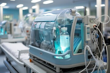 Intensive care unit, incubator for premature born, ventilator for artificial lung ventilation. Generative Ai
