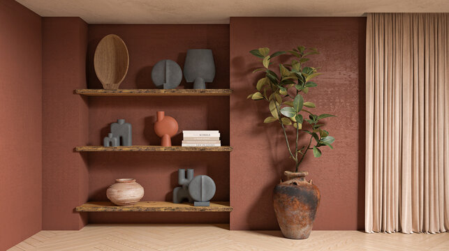 Minimalist Interior in terracotta with blue rustic decor, 3d rendering