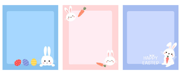 Easter card with bunny rabbit cartoons, eggs and carrot on blue, pink and purple backgrounds vector illustration.