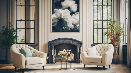 An elegant living room with a stylish armchair as the clear focal point, showcasing modern interior design and neutral tones. Natural lighting beautifully illuminates the inviting scene.