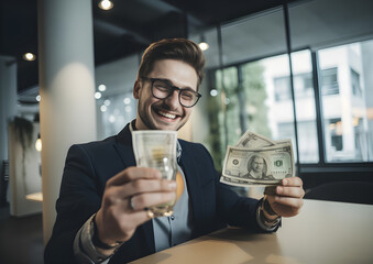 Happy business owner saving money. Business idea