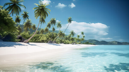 Exotic beach with clear sea water, white sand and palm trees. Generative AI technology.