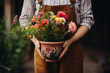 Unrecognizable florist woman holding a pot