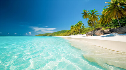 Exotic beach with clear sea water, white sand and palm trees. Generative AI technology.