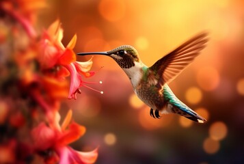 Fototapeta premium Humming bird hovering over colorful, pollen filled flowers. Generative AI