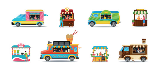 Food truck. Shop kiosk. Vendor at counter selling cocktails and coffee. Merchant in stall on street market with ice or book. Snacks tent. Wok store cart. Vector tidy illustration set