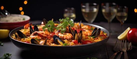 Traditional Spanish dish called Paella is a combination of seafood and chicken. It is made by stewing rice, mussels, shrimps, chicken, tomatoes, and chopped parsley in wine. The dish is typically