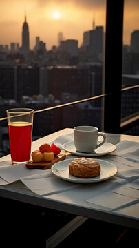 Fr&uuml;hst&uuml;ck mit Blick &uuml;ber Manhatten beim Sonnenaufgang